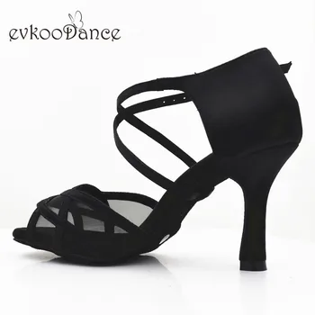 Evkoodance 8.3 cm altura do salto confortável cetim preto com malha zapatos de baile sapatos latinos para mulher Evkoo-526