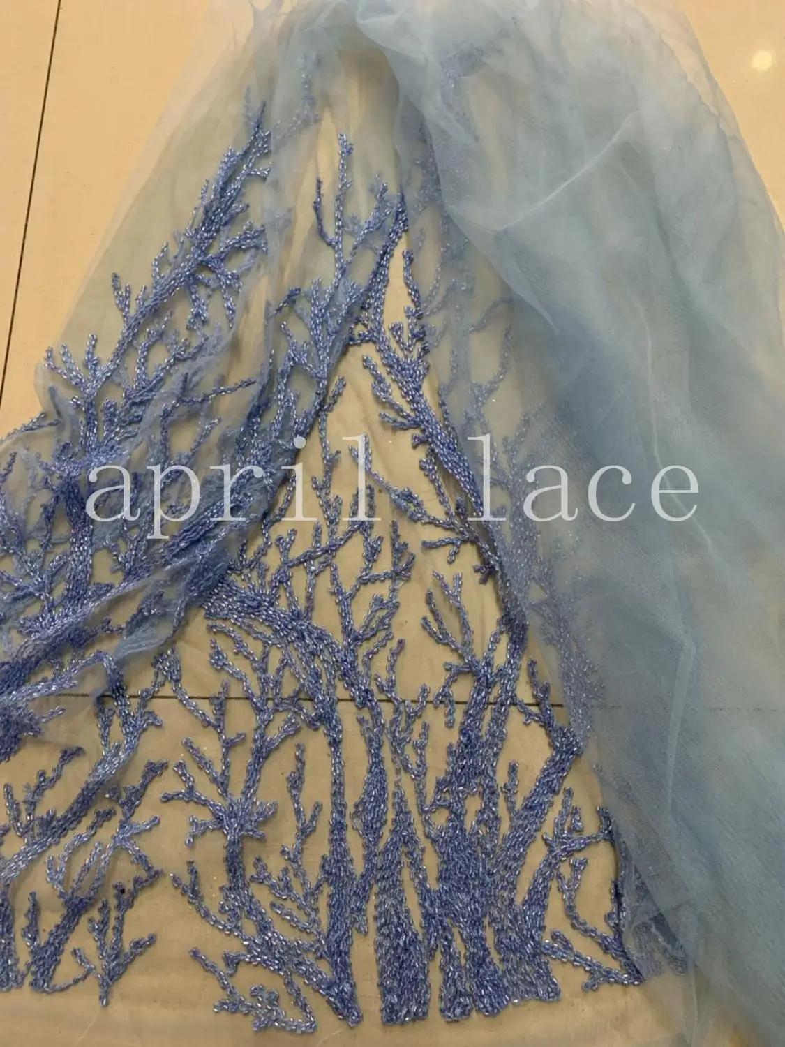 5yards/bag s002 blue beads branch pattern embroidery  tulle mesh lace  fabric for sawing  bridal wedding  dress/ ball gown