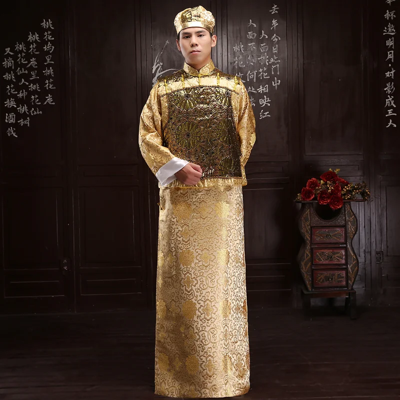 จีน Qing dynasty manchu Golden สวมใส่เสื้อผ้าชุดยาวเสื้อจีนชายแบบดั้งเดิมชุดยาว Robe สีเหลืองเครื่องแต่งกาย