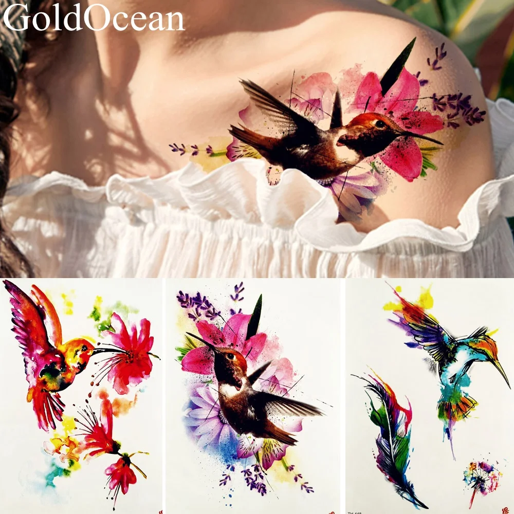 Watercolour Flower Tattoos Flash Women Chest Hummingbird Arm Art Tatoos Temporary Birds Legs Rhododendron Tattoo Body Flower