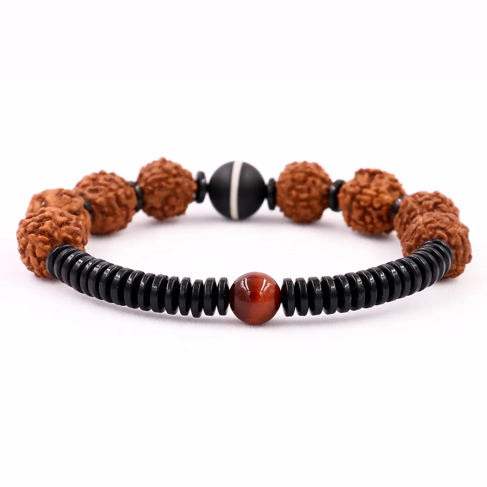 Natural 10mm Rudraksha Beads Tibetan Unisex Red Tiger\'s Eye Yoga Meditation Ethnic Macrame Bracelet For Women and Men