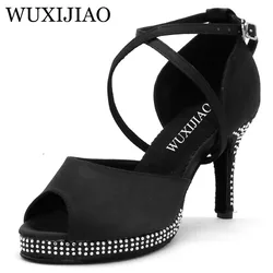 WUXIJIAO brand Rhinestones Black Satin Women ultra high heels 10cm Latin dance shoes Waterproof platform Increased Party shoes