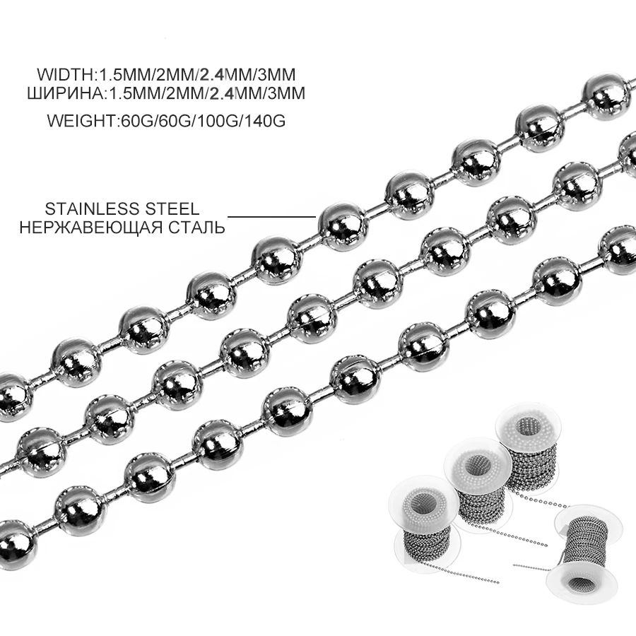 DC Stainless Steel Bead Necklace Link Chains Bulk 10yard/roll Metal Ball Beads Linked Chain Necklaces Women for Jewelry Making