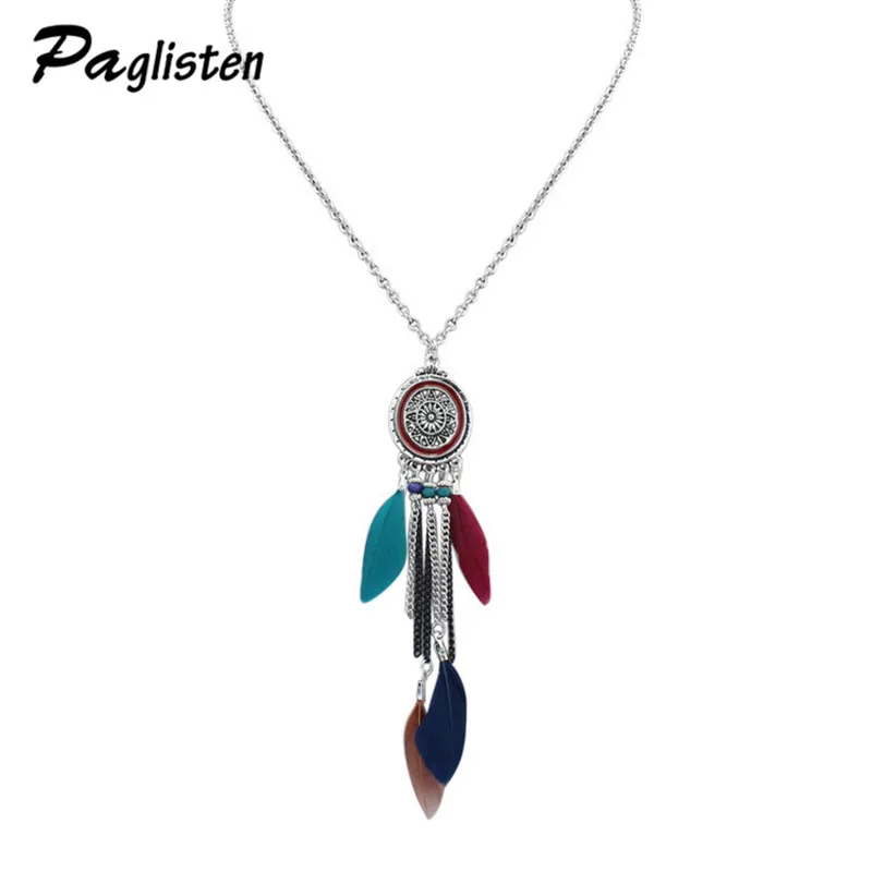 2017 Fashion retro Star Mang round beads sweater chain carving flower language oval tassels feather necklace and pendant