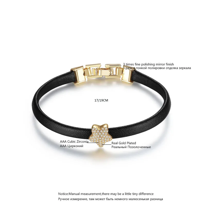 LUOTEEMI Gold-Color Trendy Handmade Black Leather Bracelet With Cubic Zirconia Star Beads Charm Bangle Bracelet for Women Gifts