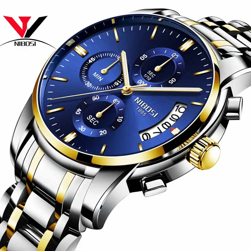 

Relogio Masculino NIBOSI Mens Watches Top Brand Luxury Dress Famous Brand Watch Men Waterproof Calendar Luminous Watch Gold