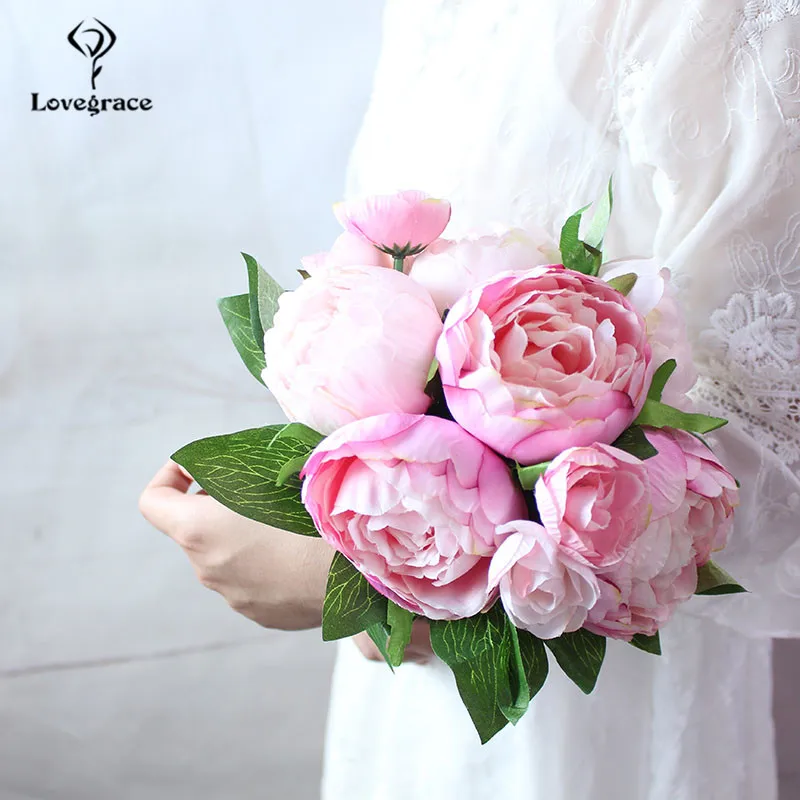 

Lovegrace Wedding Bouquet Silk Peony Bridesmaids Bridal Bouquet White Pink Artificial Flowers Home Decoration Marriage Bouquets