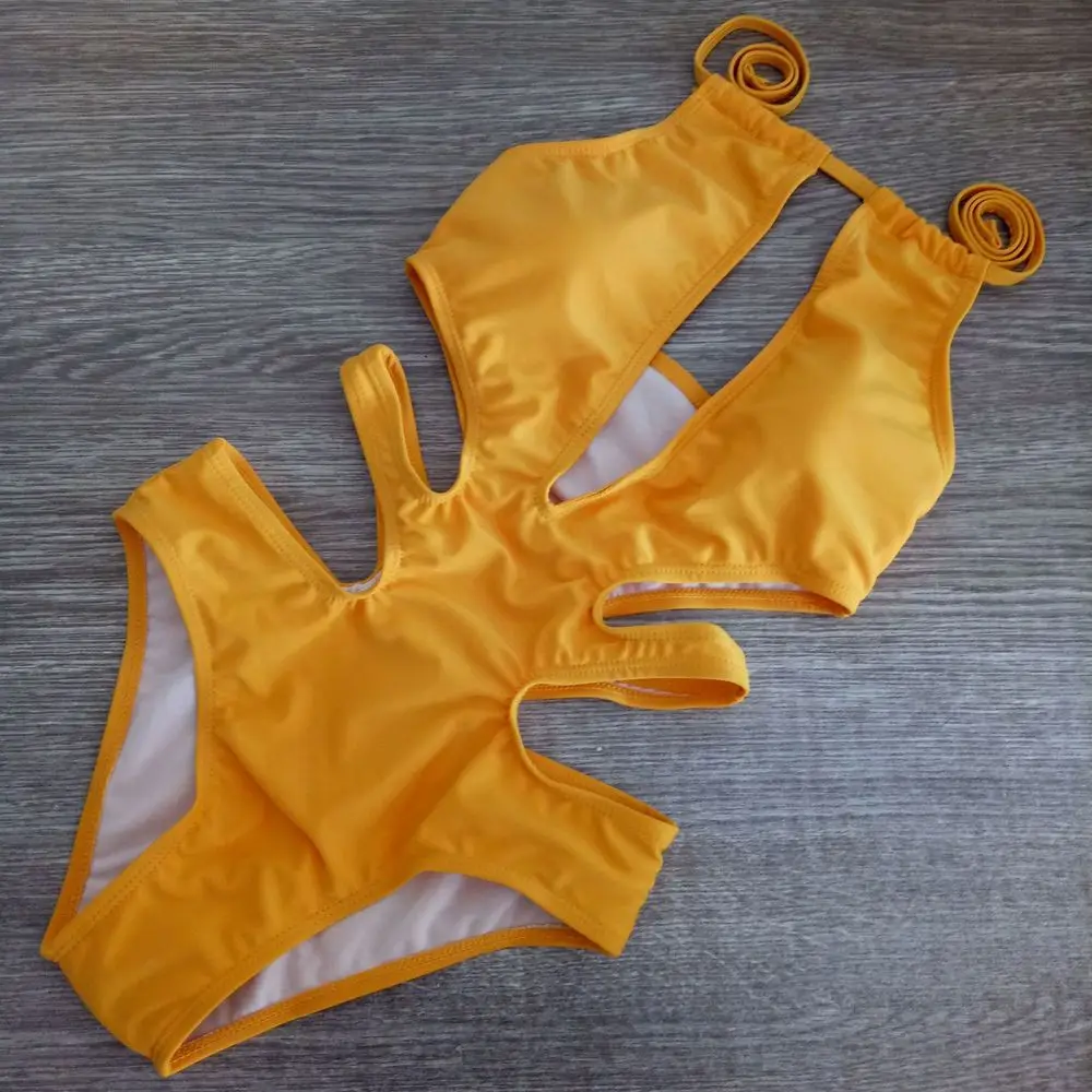 2019 Sexy żółty Halter wyciąć bandaż Trikini pływać strój kąpielowy Monokini Push Up brazylijskie stroje kąpielowe jednoczęściowy strój kąpielowy