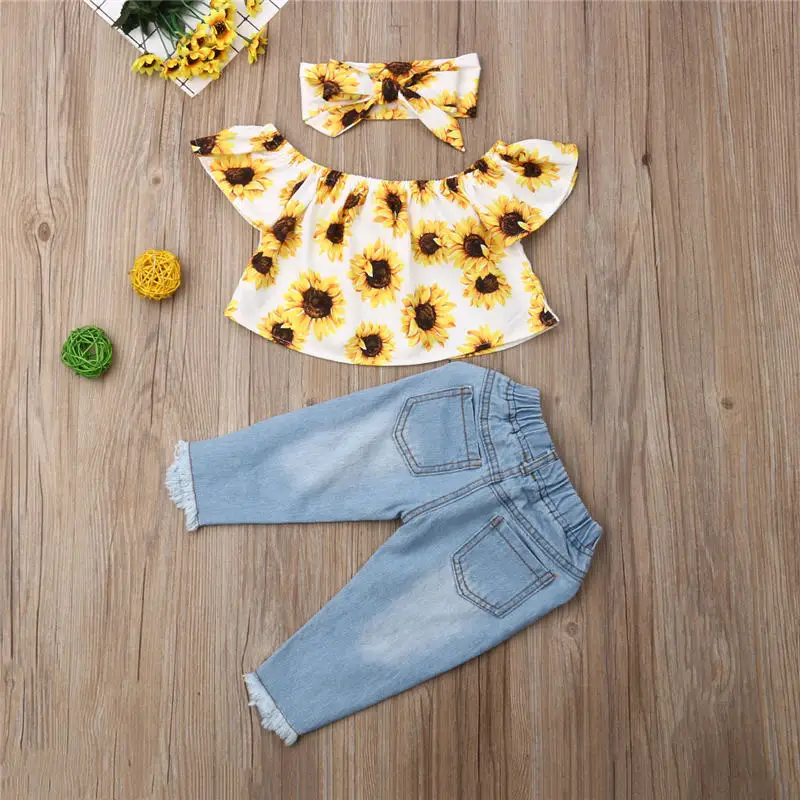 Toddler Kids Baby Girls Clothes Set 3 Piece Off Shoulder Sunflowers Top Ripped Jeans Pants Headband Children Summer Outfits