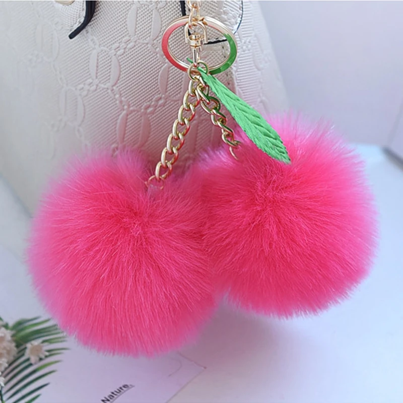 Original Cherry Pompom Ball Keychain Fluffy Faux Rabbit Fur Pompon Key Chain Pom Pom Toy Keyring Bag Charms Car Trinket