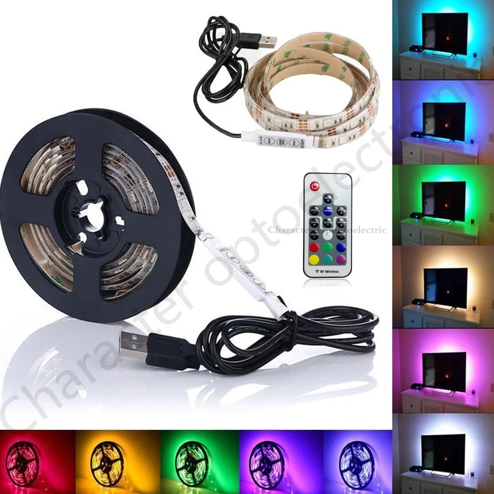 

USB 5050 RGB LED light strip 5V 1m 2m 3m 4m 5m USB decorative lamp plus 17 key controller for PC LCD TV background illumination