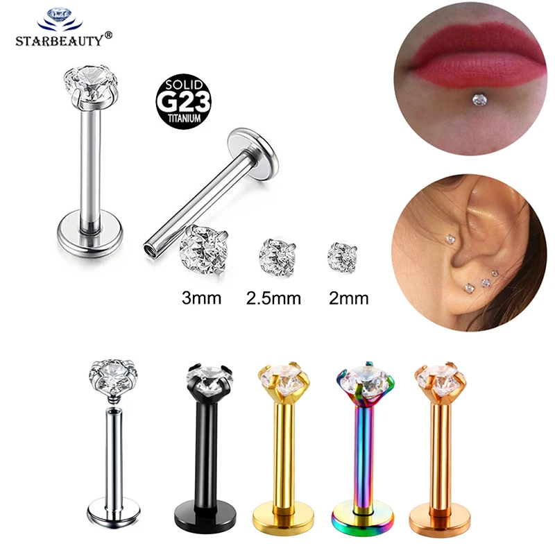 1Pc G23 Anodized Titanium Helix Flat Back Tragus Internally Thread  Triple Prong Set Anodized piercing Cartilage Earring Studs