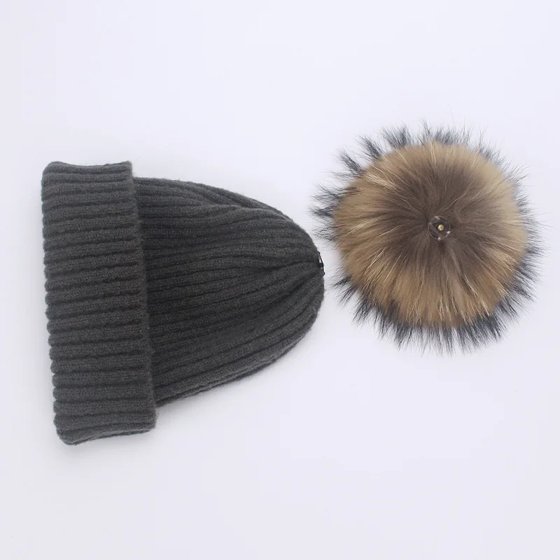 Real Raccoon Fur Pom Poms Pall Keep Warm Winter Hat For Women Girl \'s Wool Hat Knitted Beanies Cap Thick Female Cap Skullies