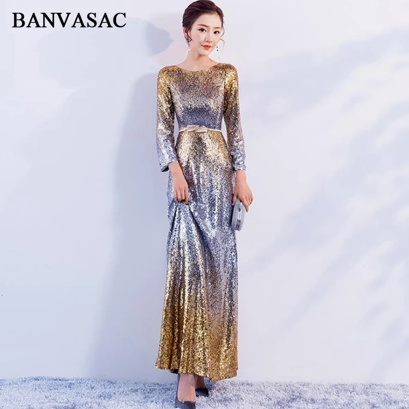 BANVASAC O Neck Metal Leaf Sash Mermaid Long Evening Dresses Elegant Sequined Long Sleeve Backless Party Prom Gowns