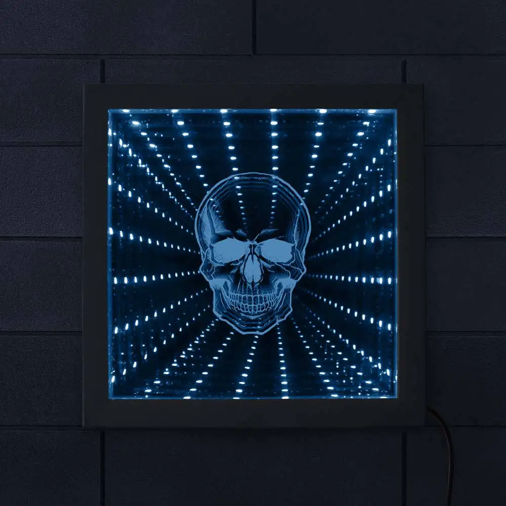 Horror Skull Head Wall Hanging Infinity Mirror Death Bone Skeleton Tunnel Vision Illuminated Mirror Halloween Party Decor Frame