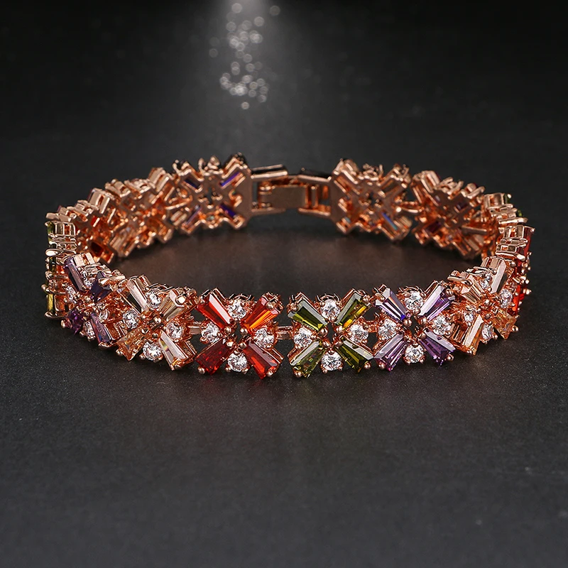 Emmaya Hot Sale Rose Gold Color Shining Bracelet Multicolor CZ Stones Cluster Women Bracelet Jewelry Wedding Party Gift