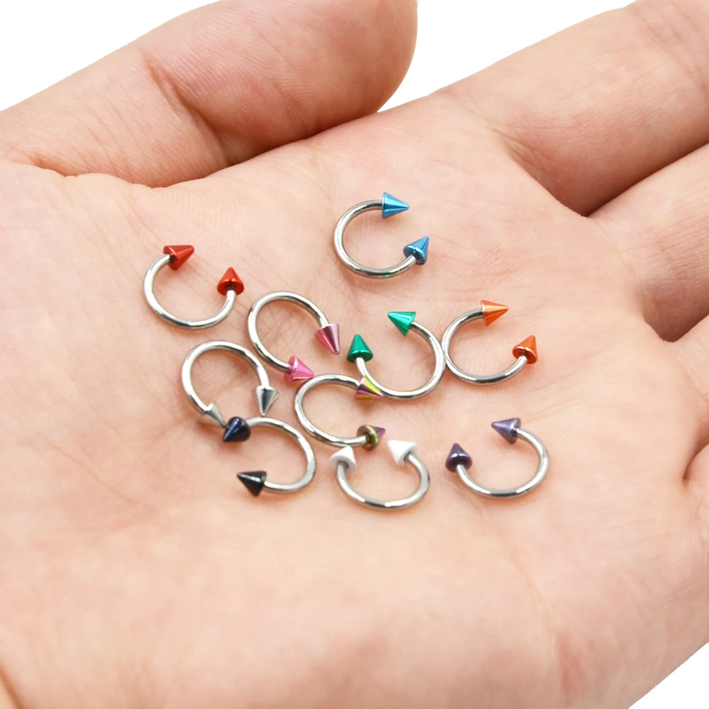 10 Pieces Stainless Steel Cone Spike Circular Barbells Horseshoe Rings w/Spike Ends Piercing Labret Lip Earring Tragus Helix 16g