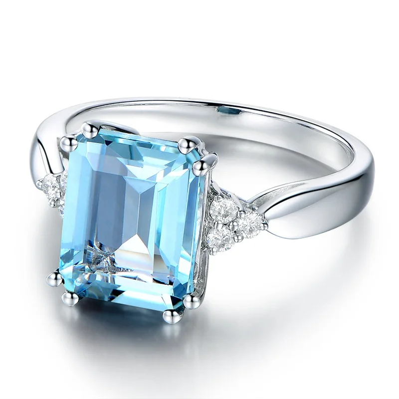 OMHXZJ Wholesale European Fashion Woman Man Party Wedding Gift Rectangle Light Blue Topaz AAA Zircon 18KT White Gold Ring RR605