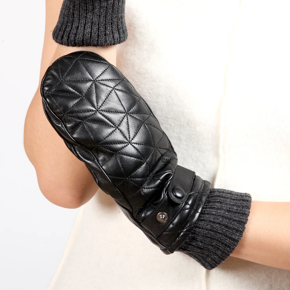 Women Genuine Leather Gloves Female Autumn Winter Plush Lined 100% Lambskin Leather Fingerless Mittens L155NY-1