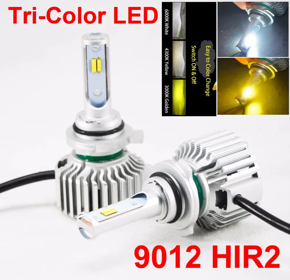 1 Set 9012 HIR2 Tri-Color LED Headlight 60W 8000LM 3-Color Retrofit 3000K 4300K 6000K Change Amber Yellow White CSP Chips Bulbs