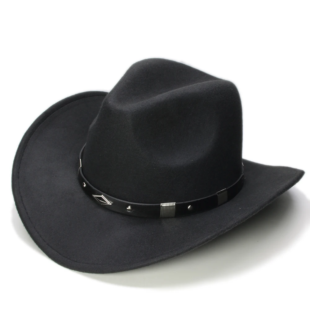 Retro geometri deri Band ebeveyn-çocuk Unisex/çocuk yün geniş ağız kovboy batı şapka Cowgirl Bowler kap (61cm/57cm/54cm)