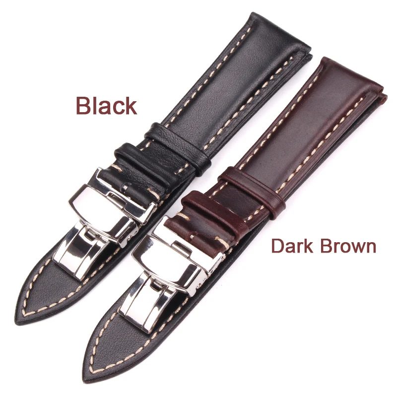 Black Dark Brown Vintage Smooth Watch Band 18 19 20 21 22 24mm Women Bracelet Strap With Silver Polished Deployment Clasp