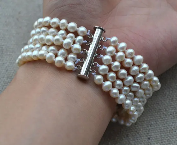 

Perfect Women's Pearl Jewelry, White 100% Real Freshwater Pearl Bracelet,8 Inches AA 5mm 5 Rows Fashion Lady's Jewelry