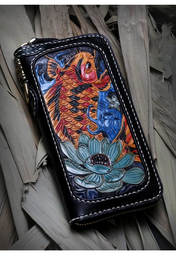 

Men Genuine Leather Wallets Carving Copper Lotus Coin Carp Zipper Bag Purses Women Long Clutch Vegetable Tanned Leather Wallet