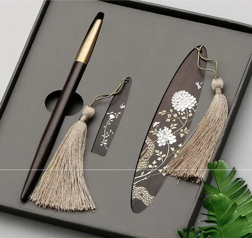 

Red wood carving ancient style bookmark pen USB flash disk gift set free shopping