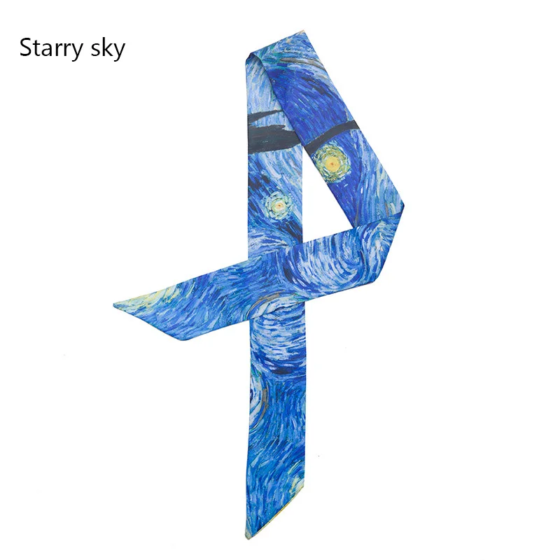 Luxury Brand Skinny Twill Silk Women Bag Scarf Van Gogh Oil Painting Starry Sky Small Ribbon Head Hair Handle Scarf Fashion