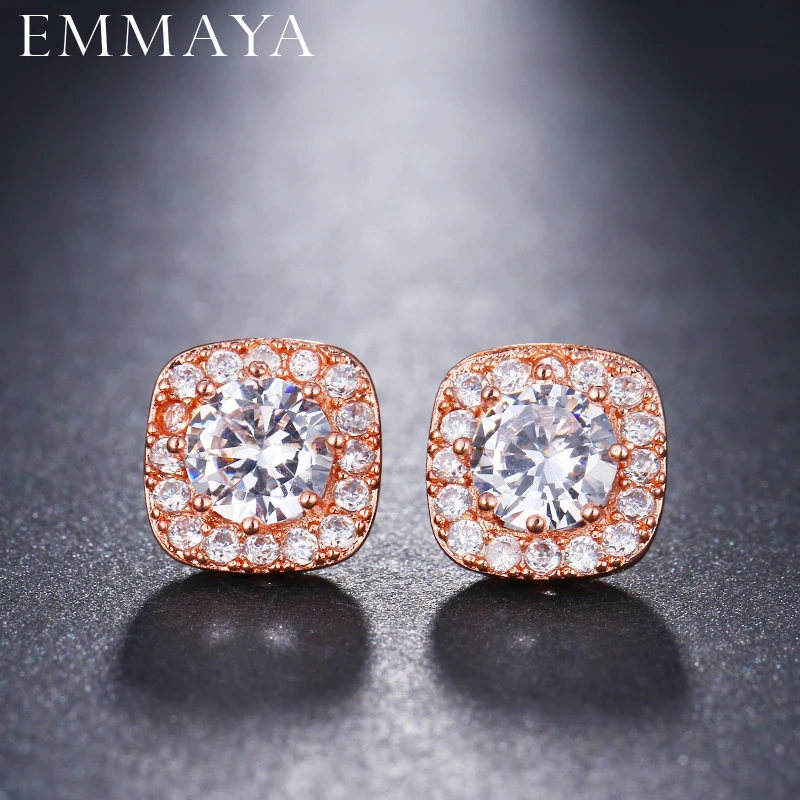 EMMAYA Classic Design Rose Gold Color Square CZ Cubic Zirconia Wedding Stud Earrings for Women