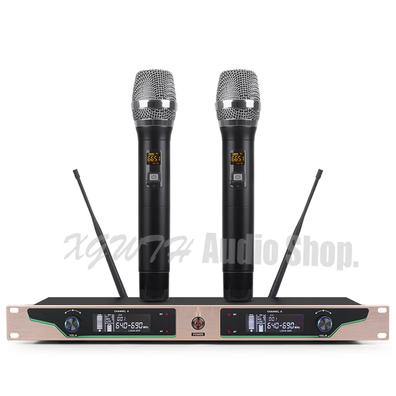 

Professional UHF Wireless Microphone System Dynamic Cardioid Handheld Mic Dual Channels Cordless Digital Receiver For Church