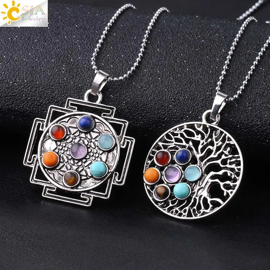 CSJA Merkaba Antique Silver Color Pendant Necklace Spiritual Reiki Religion Symbol 7 Chakra Life Tree Circle Charm Pendants F767