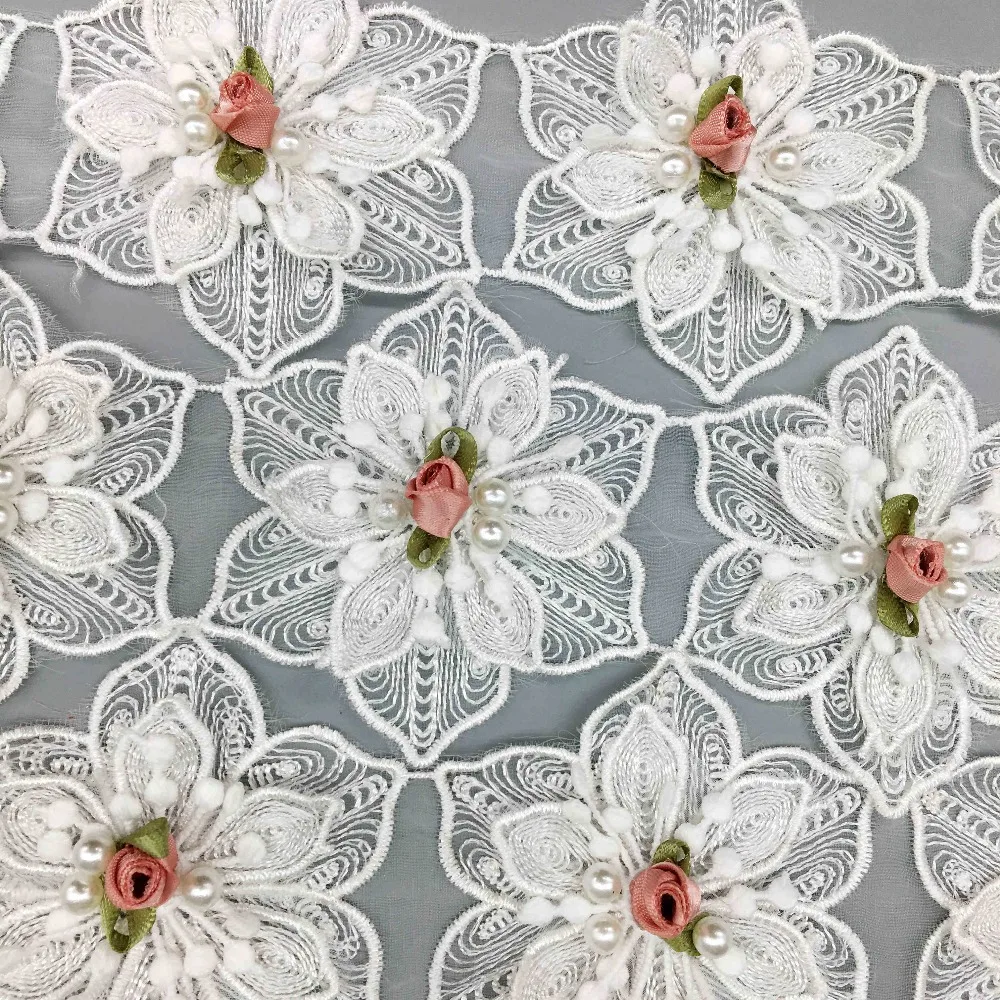 12 x Rosa Fiori di Perle Del Merletto di Modo Del Tessuto Trim Nastro Ricamato Applique accessori Fatti A Mano FAI DA TE Abito Da Sposa I Vestiti