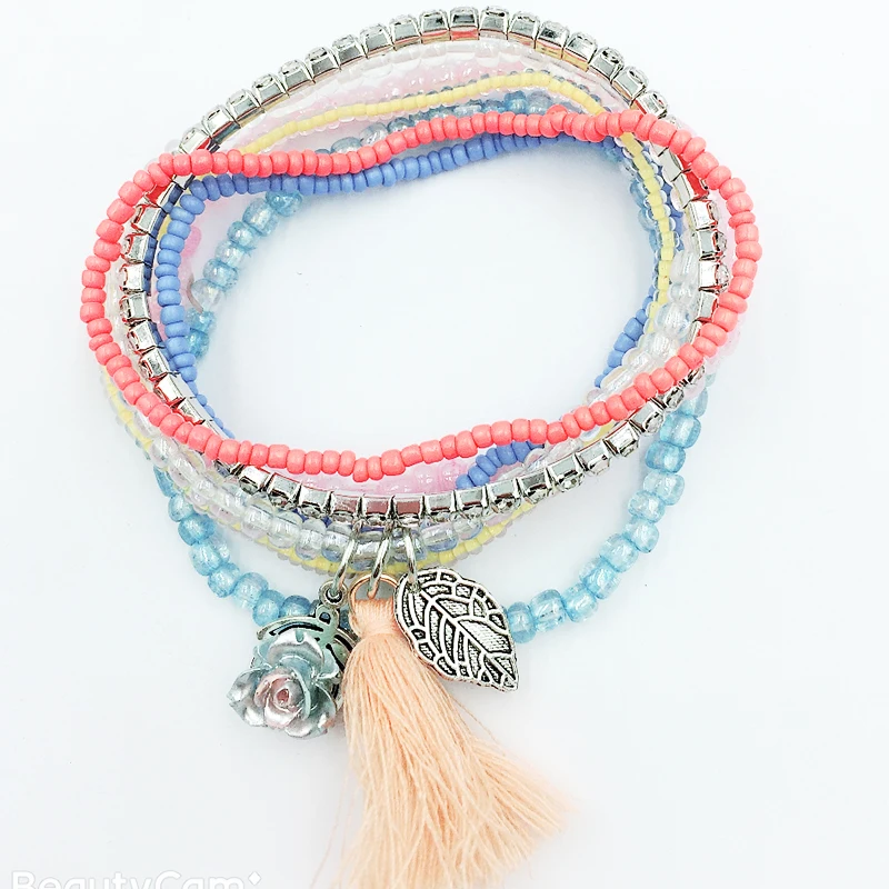 Hanjing New Charm Pop Elegant Nice New Arrival  trendy Bohe Bohemian Rose Flower Tassel Acrylic Bead Bracelet For Woman Couple