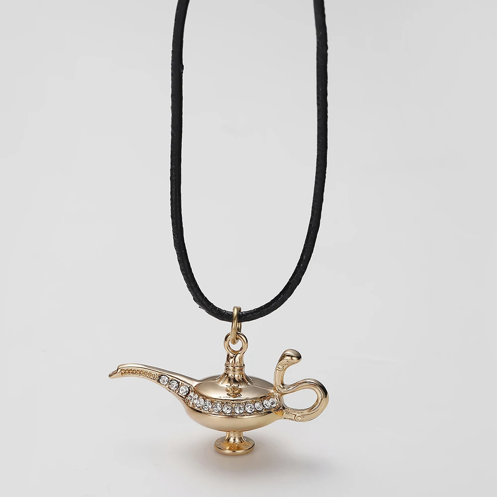 Aladdin Magic Lamp Crystal Necklace Trendy Jewelry Kids Cartoon Goid Pendant Vintage Leather Long Necklaces Women Gift