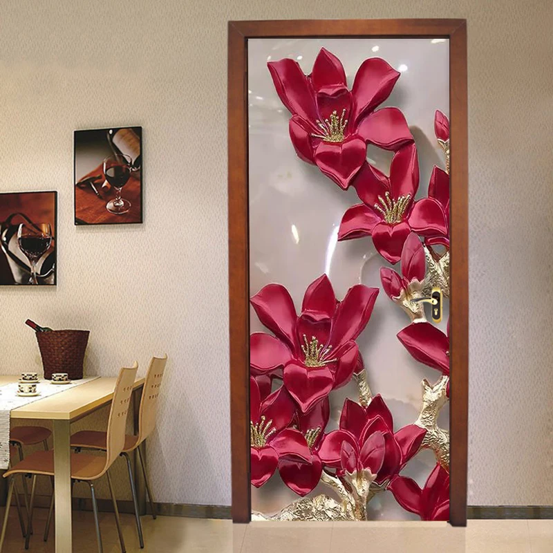 

PVC Self-Adhesive Door Sticker 3D Stereo Red Flowers Wallpaper Living Room Kitchen Classic Waterproof Door Decals Vinyl 3D Mural