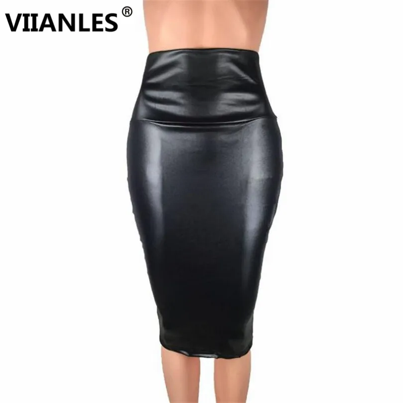 VIIANLES Multi Colors Women Skirt Solid PU Leather Work Wear Package Hip Pencil Skirt Midi Skirt High Waist Bodycon Femininas