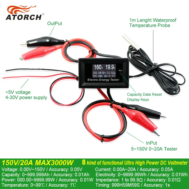 ATORCH DC 150V 20A Current Meters digital voltmeter ammeter voltage amperimetro watt metercapacity tester indicator lcd monitor