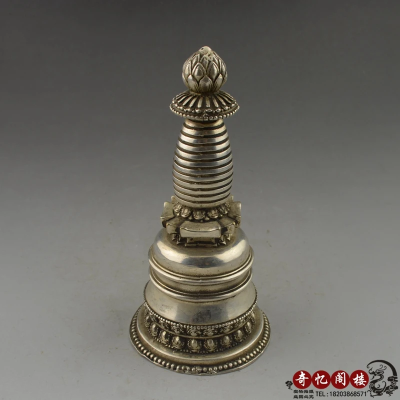 Collectible home Decorated Old Handwork Tibet Silver Carved Lotus pagoda metal handicraft