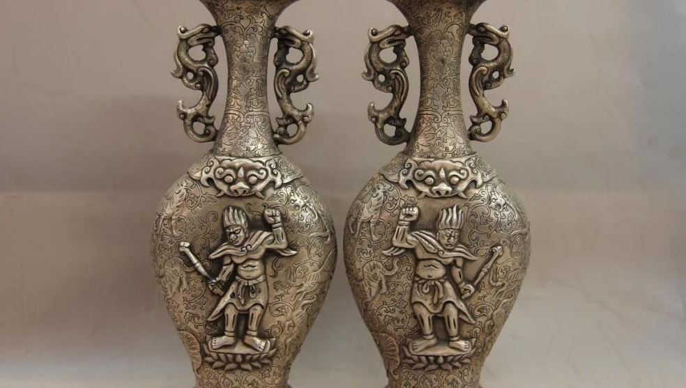 China White Copper Silver Dragon Wild animal Tiger Warrior Pot Bottle Vase Pair