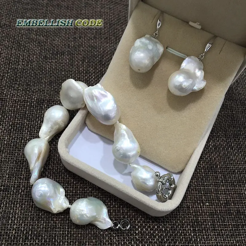 necklace bracelet hook earrings set large size baroque or Irregular white nucleated flameball shape Freshwater pearl Special