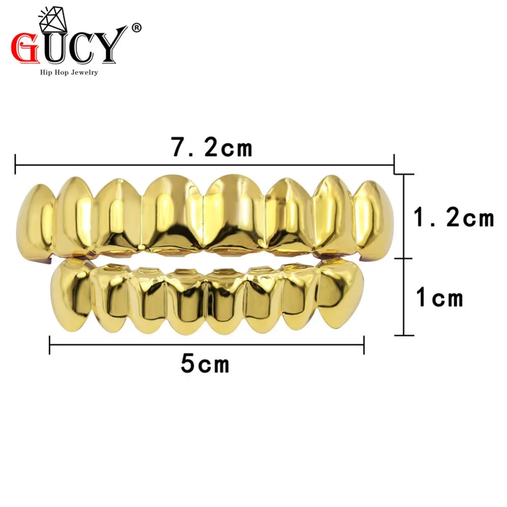 GUCY Grillz-Juego de parrillas con acabado dorado, juego de 8 dientes superiores y 8 dientes inferiores, estilo Hip Hop liso, regalo para Halloween