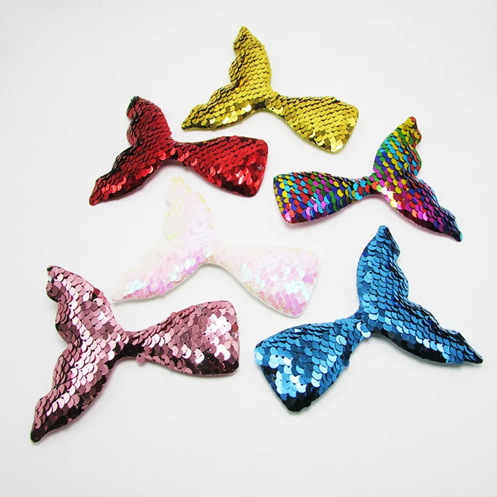 60pcs/lot Big Size Sewing Patch Shiny/Glittered Sequin Mermaid Tail Padded Appliques for Bows Cake Decoration Sea Theme