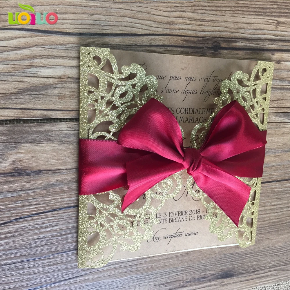 

Glitter Gold Free Ribbon 10set Inc43 Hot Sell Laser Cut Wedding Invitations Card Tied Wine Red Bow