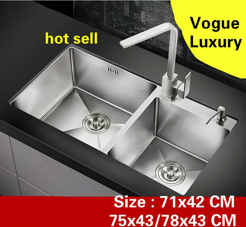 

Free shipping Apartment deluxe kitchen manual sink double groove vogue 304 stainless steel hot sell 710x420/750x430/780x430 MM