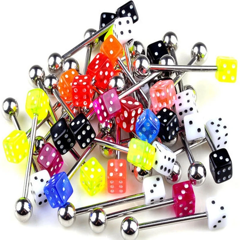 10PCS Hiphop Acrylic Dice Labrets Lip Ear Bone Bar Stud Chin Stainless Steel Tongue Ring Steel Body Piercing Jewelry for Women