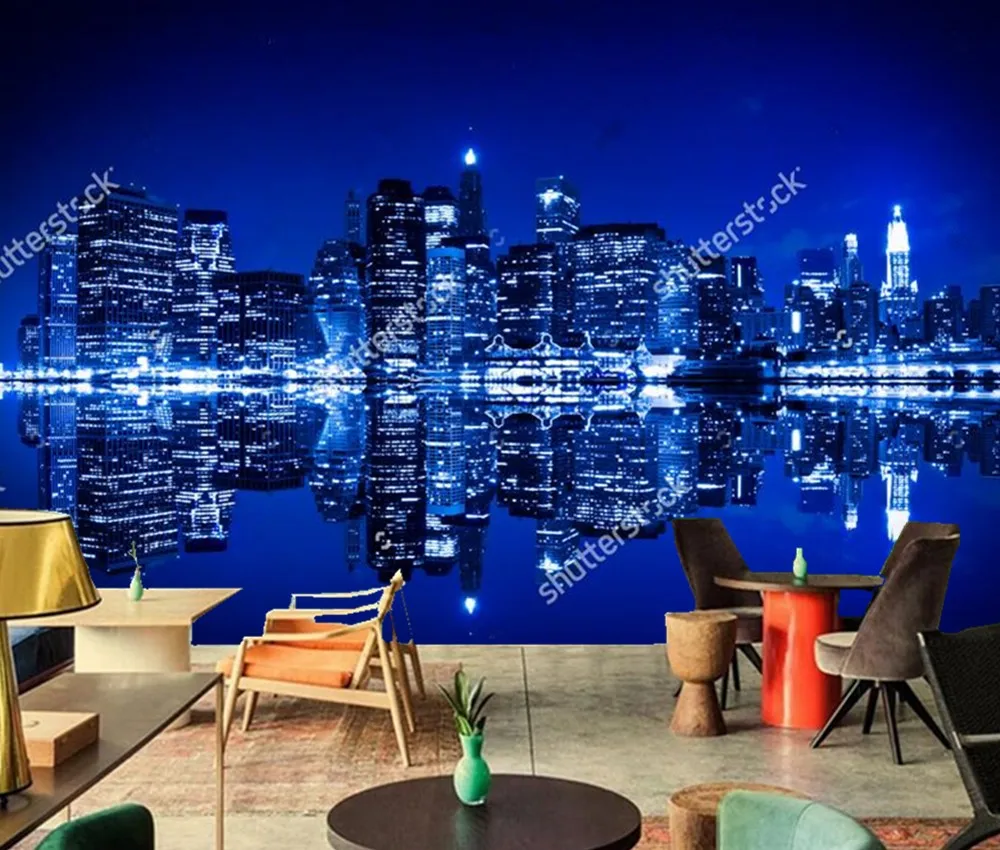 

Custom 3D murals,New York at night with reflection in water city wallpaper,living room sofa TV wall bedroom bar ktv .3d murals