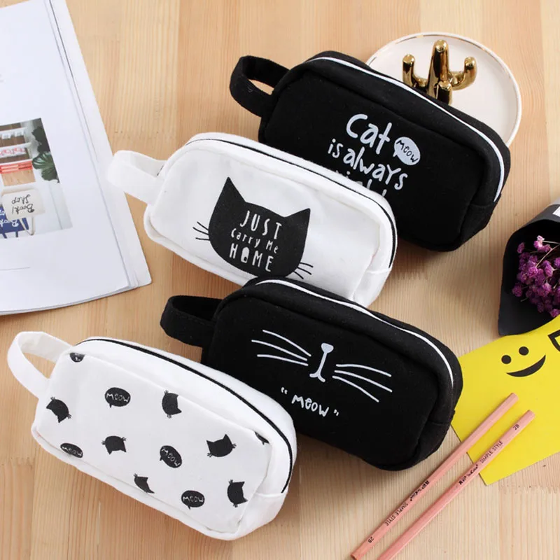 1 Pieces Kawaii Cute Cat Pen Pencil Case Canvas Bags for Girls Kids Gift Korean Stationery Office School Supplies