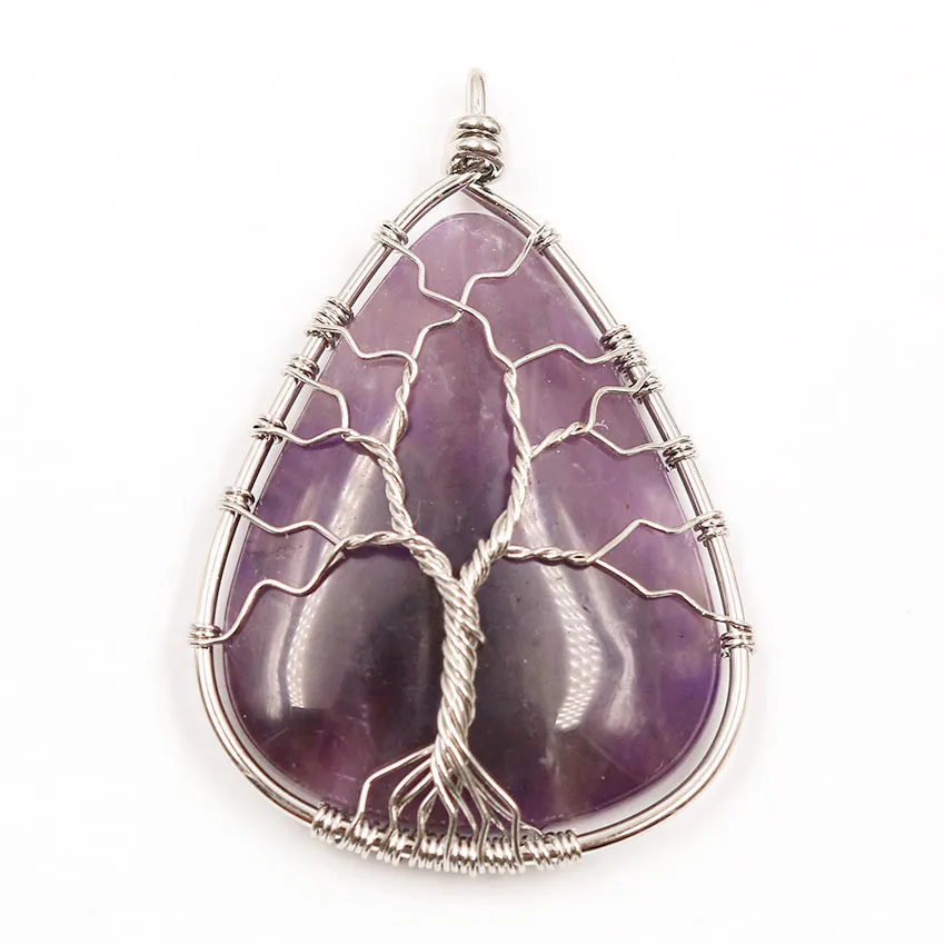 FYJS Unique Silver Plated Wire Wrap Tree of Life Water Drop Pendant Natural Amethysts Stone Jewelry